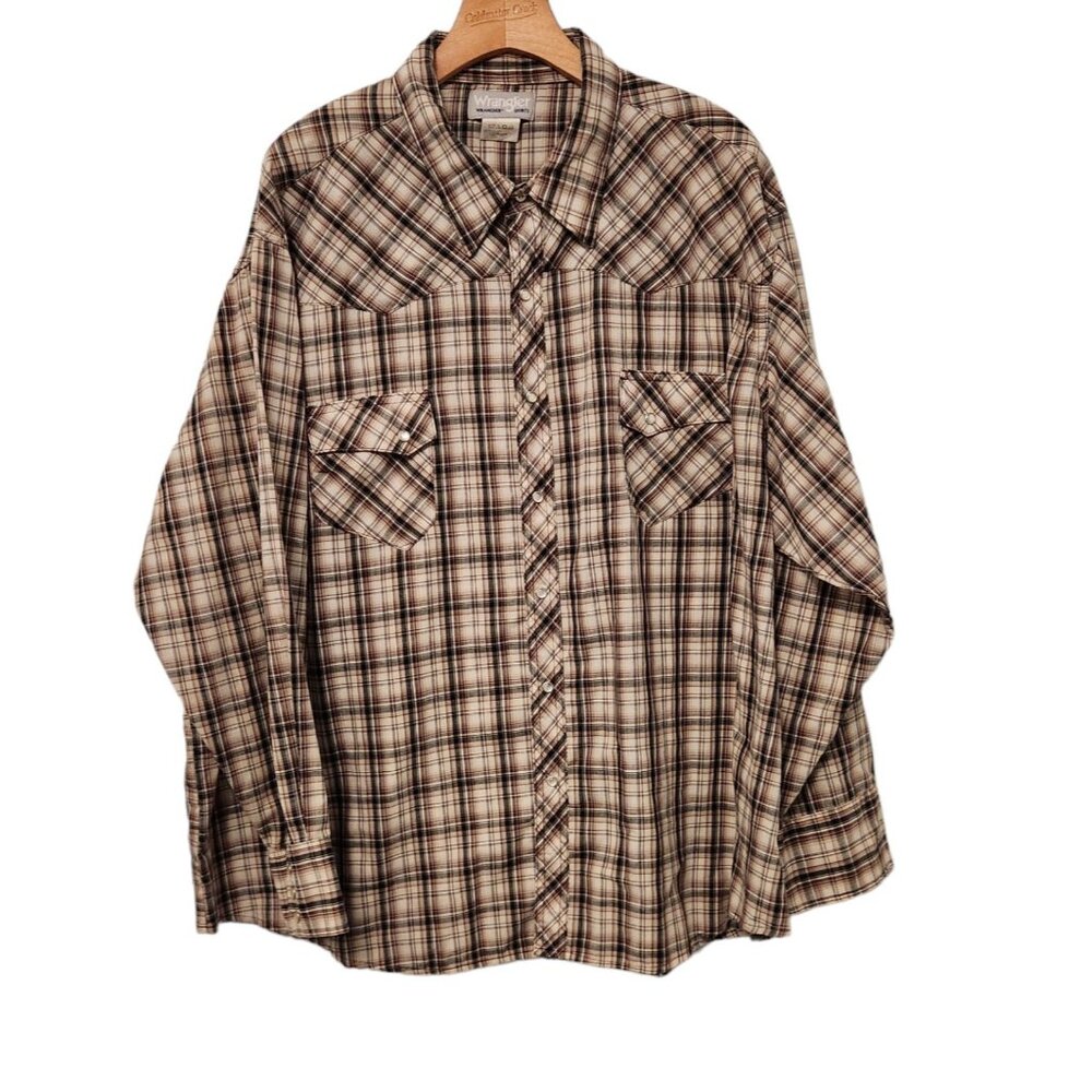 Wrangler Wrancher Western Pearl Snap Shirt Mens 3XL Brown Black‎ Plaid EUC